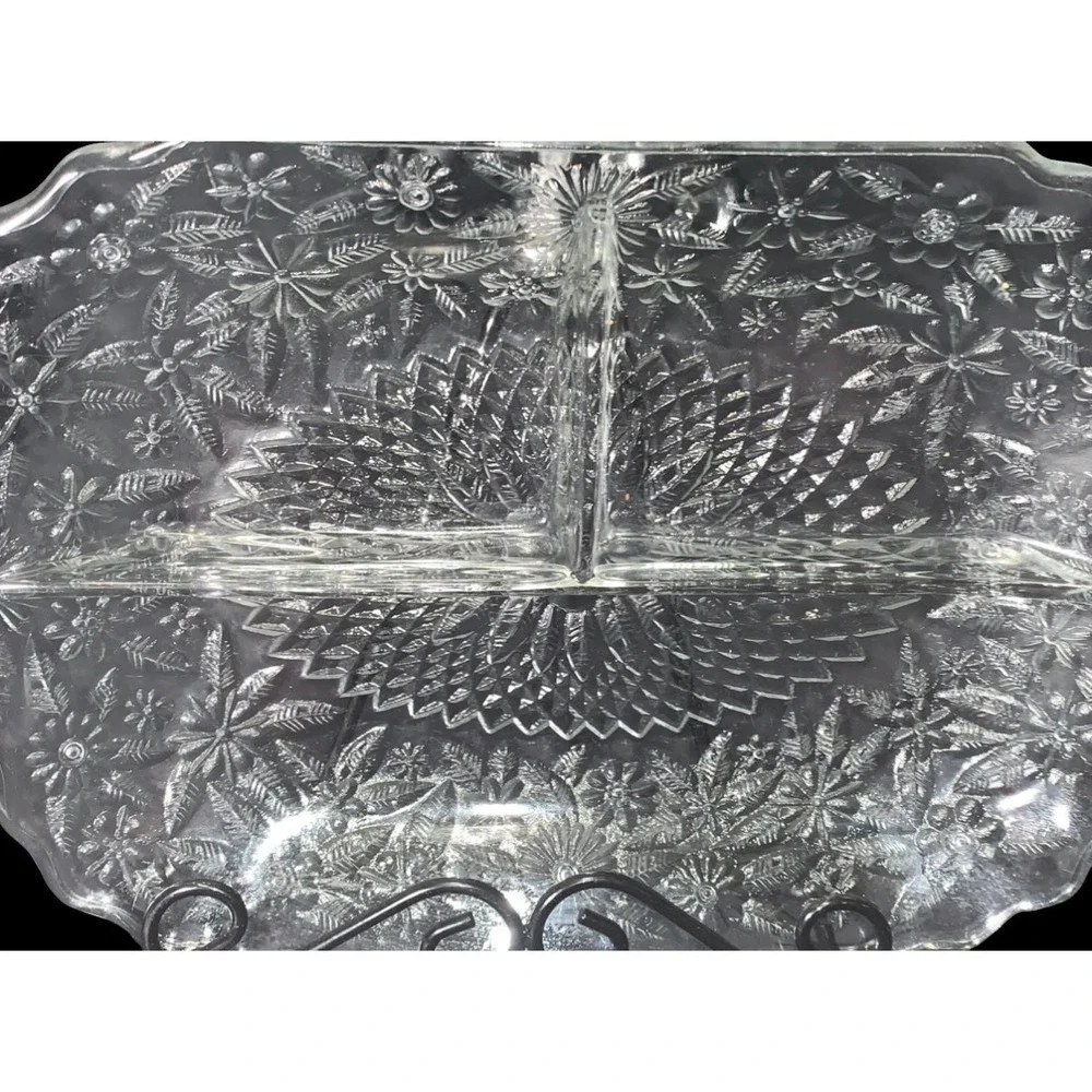 Indiana Glass Pineapple and Floral 3-Part Divided Relish Dish 1930s